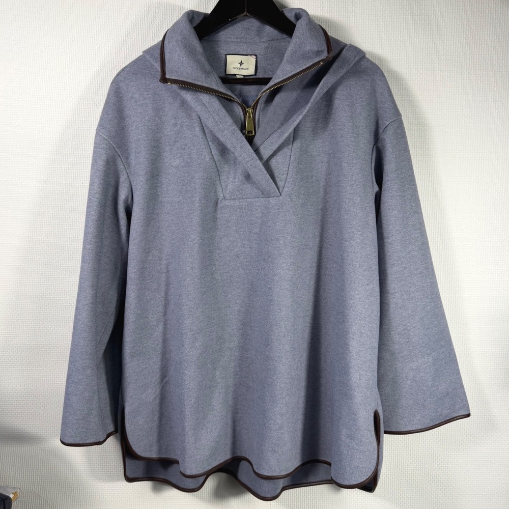 Tuckernuck Womens Blue Quarter Zip Hooded Pullover Faux Leather Trim Medium